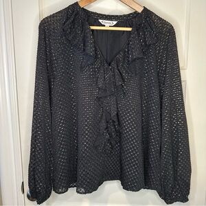 Nanette Lepore Ruffle Long Sleeve Blouse, Black w/ Gold Flecks Size Large